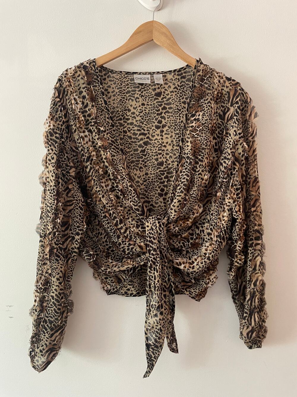 Chico's Leopard Print Long Sleeve Blouse Sheer Tie Front Mob Wife Wrap Top Sz 3